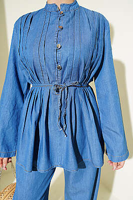 Brit Düğmeli Nervürlü Kot İkili Takım Kot Mavisi - İkili Takım