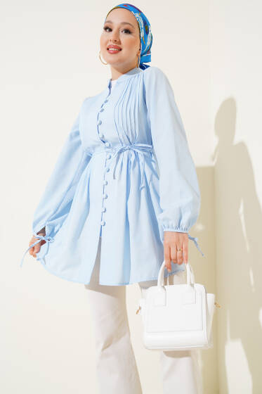 Brit Düğmeli Nervürlü Tunik Bebe Mavi - Tunik