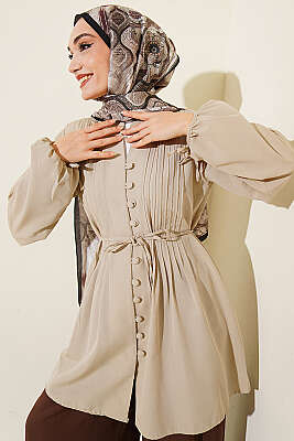 Brit Düğmeli Nervürlü Tunik Bej 