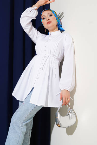 Brit Düğmeli Nervürlü Tunik Beyaz - Tunik