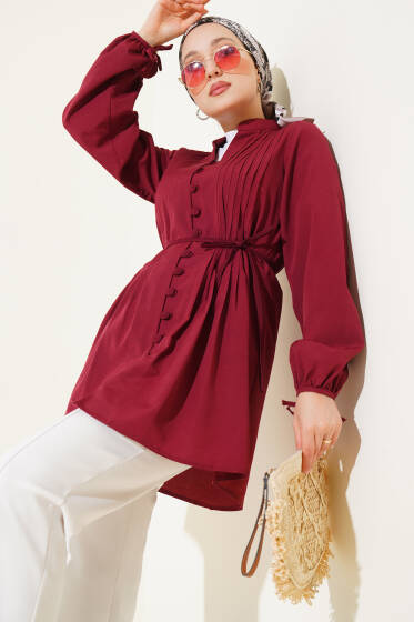 Brit Düğmeli Nervürlü Tunik Bordo - Tunik