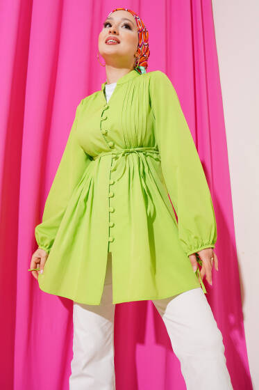 Brit Düğmeli Nervürlü Tunik Fıstık Yeşili - Tunik