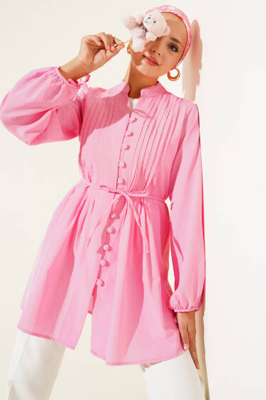 Brit Düğmeli Nervürlü Tunik Fusya - Tunik