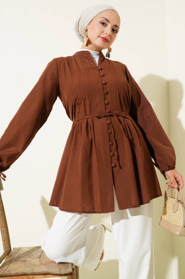 Brit Düğmeli Nervürlü Tunik Kahve - Tunik