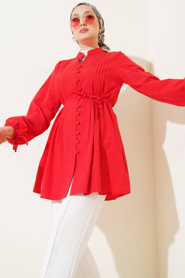 Brit Düğmeli Nervürlü Tunik Kırmızı - Tunik