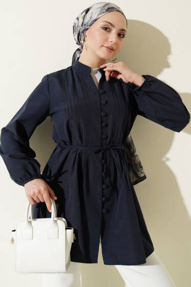 Brit Düğmeli Nervürlü Tunik Lacivert - Tunik