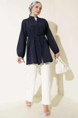 Brit Düğmeli Nervürlü Tunik Lacivert - Tunik