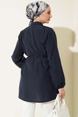 Brit Düğmeli Nervürlü Tunik Lacivert - Tunik