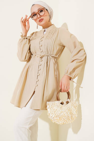 Brit Düğmeli Nervürlü Tunik Latte - Tunik