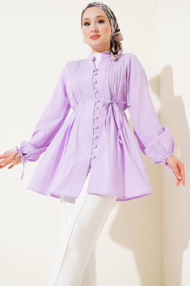Brit Düğmeli Nervürlü Tunik Lila - Tunik
