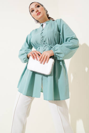 Brit Düğmeli Nervürlü Tunik Mint - Tunik