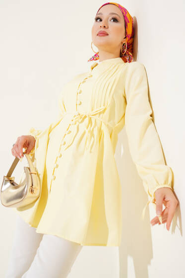 Brit Düğmeli Nervürlü Tunik Sarı - Tunik