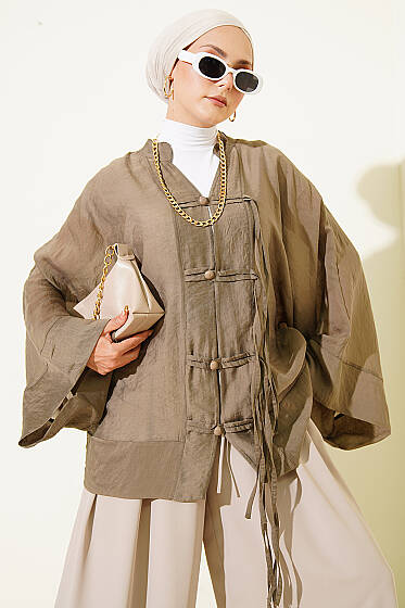 Brit Düğmeli Oversize Kimono Haki - Dış Giyim&Mont