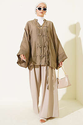 Brit Düğmeli Oversize Kimono Haki - Dış Giyim&Mont