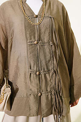 Brit Düğmeli Oversize Kimono Haki - Dış Giyim&Mont