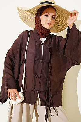 Brit Düğmeli Oversize Kimono Kahve - HATUN
