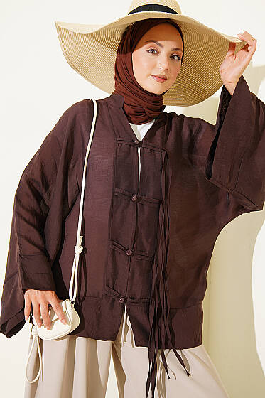 Brit Düğmeli Oversize Kimono Kahve - Dış Giyim&Mont