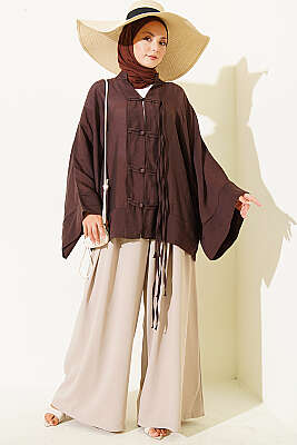 Brit Düğmeli Oversize Kimono Kahve - Dış Giyim&Mont