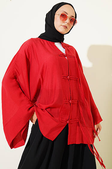 Brit Düğmeli Oversize Kimono Kırmızı - Dış Giyim&Mont