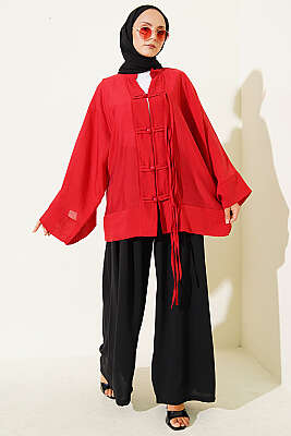 Brit Düğmeli Oversize Kimono Kırmızı - Dış Giyim&Mont
