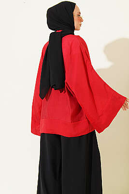 Brit Düğmeli Oversize Kimono Kırmızı - Dış Giyim&Mont