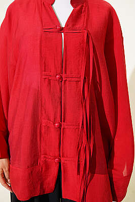 Brit Düğmeli Oversize Kimono Kırmızı - Dış Giyim&Mont