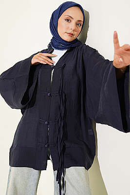 Brit Düğmeli Oversize Kimono Lacivert - HATUN