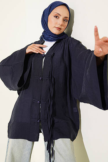 Brit Düğmeli Oversize Kimono Lacivert - Dış Giyim&Mont