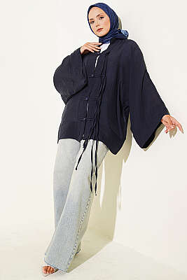 Brit Düğmeli Oversize Kimono Lacivert - Dış Giyim&Mont