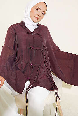 Brit Düğmeli Oversize Kimono Mürdüm - HATUN
