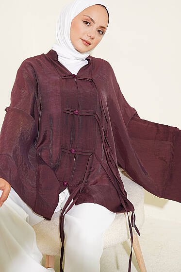 Brit Düğmeli Oversize Kimono Mürdüm - Dış Giyim&Mont
