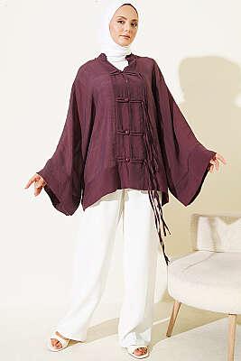 Brit Düğmeli Oversize Kimono Mürdüm - Dış Giyim&Mont