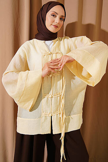 Brit Düğmeli Oversize Kimono Sarı - Dış Giyim&Mont