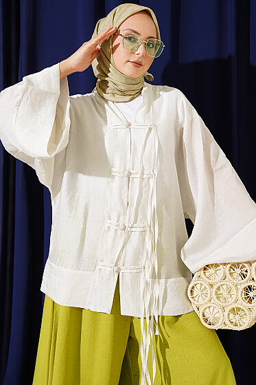 Brit Düğmeli Oversize Kimono Taş - Dış Giyim&Mont
