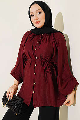 Brit Düğmeli Oversize Müslin Gömlek Bordo - DUFON
