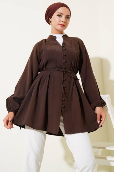 Brit Düğmeli Pileli Tensel Gömlek Acı Kahve - Gömlek
