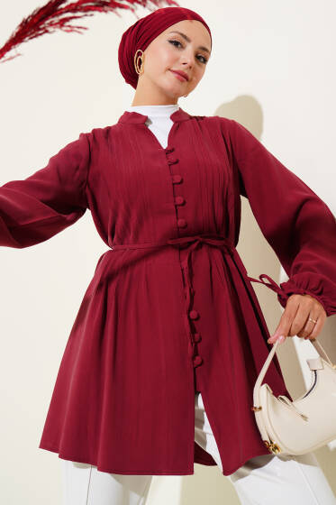 Brit Düğmeli Pileli Tensel Gömlek Bordo - Gömlek