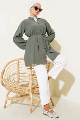 Brit Düğmeli Pileli Tensel Gömlek Çağla Yeşili - Gömlek