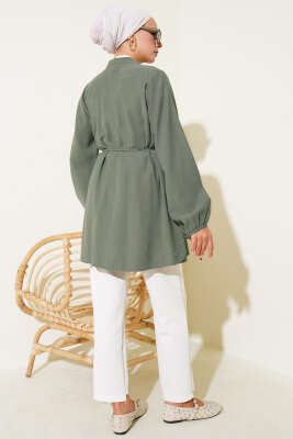Brit Düğmeli Pileli Tensel Gömlek Çağla Yeşili - Gömlek