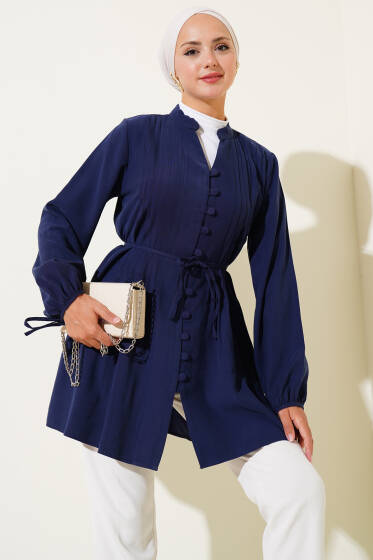 Brit Düğmeli Pileli Tensel Gömlek Lacivert - Gömlek