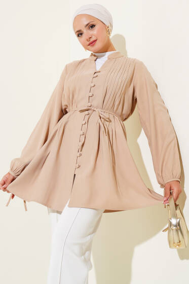 Brit Düğmeli Pileli Tensel Gömlek Latte - Gömlek