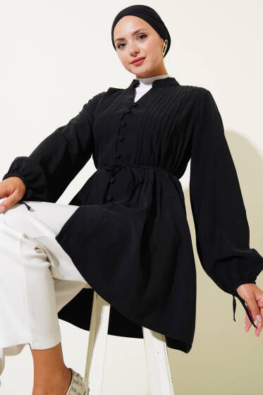 Brit Düğmeli Pileli Tensel Gömlek Siyah - Gömlek