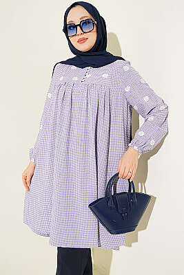 Brit Düğmeli Pötikare Tunik Lila - FENDEL