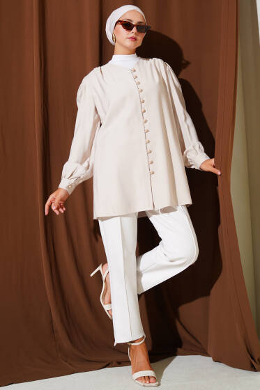 Brit Düğmeli Tensel Gömlek Bej - Gömlek