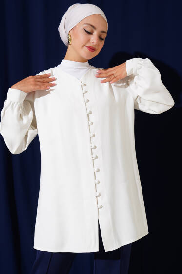 Brit Düğmeli Tensel Gömlek Beyaz - Gömlek
