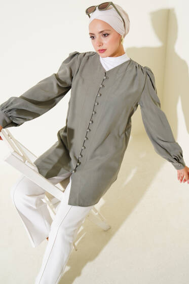 Brit Düğmeli Tensel Gömlek Haki - Gömlek