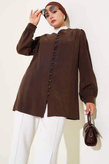 Brit Düğmeli Tensel Gömlek Kahve - Gömlek