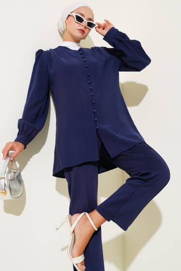 Brit Düğmeli Tensel Gömlek Lacivert - Gömlek