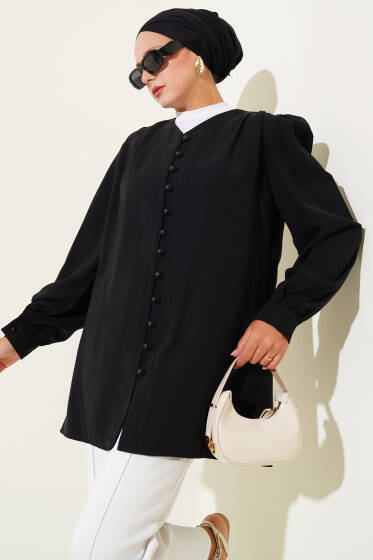 Brit Düğmeli Tensel Gömlek Siyah - Gömlek