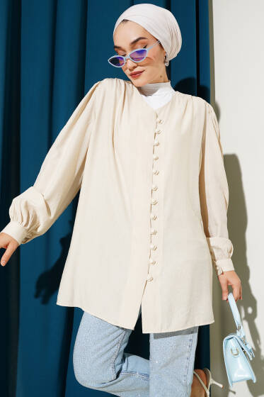 Brit Düğmeli V Yaka Gömlek Bej - Gömlek